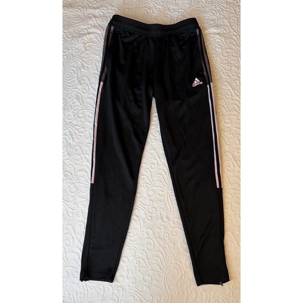 Adidas Womens Black AEROREADY Track Pants Size S Pink Stripes‎ Zippers at ankles